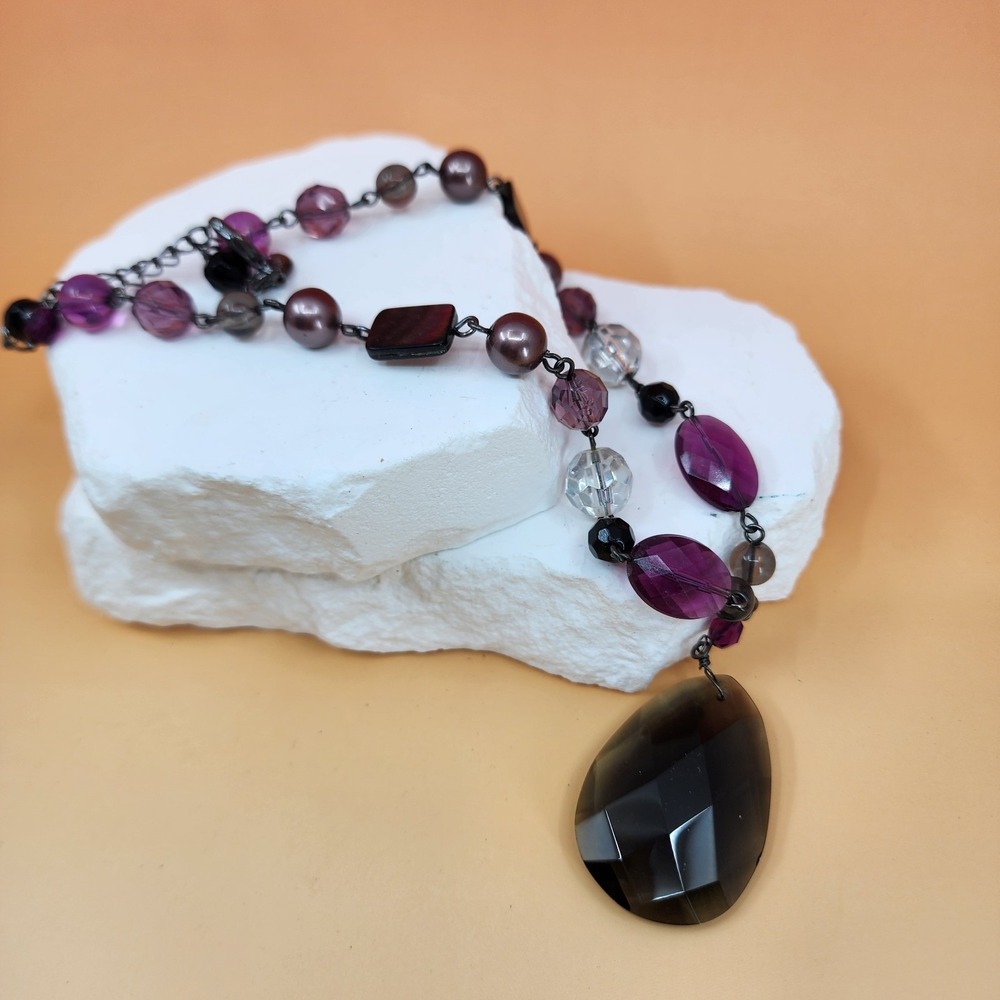 Lia Sophia Purple Black Crystal Teardrop Pendant Necklace Statement Glam Y2K
